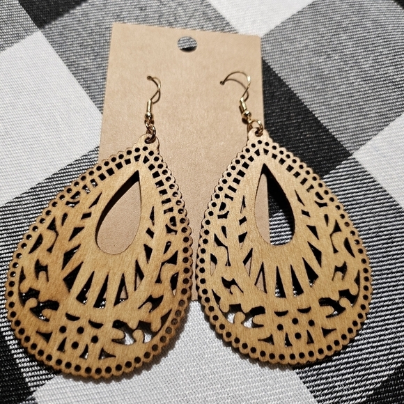 Handmade Wooden Cut Out Teardrop 3.5in Dangle Earrings - Picture 1 of 3